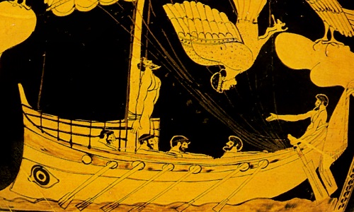 Ο Οδυσσέας δεμένος στο κατάρτι. Οι Σειρήνες αποτυγχάνουν να τον πλανέψουν και πέφτουν στη Θάλασσα (British Museum, Λονδίνο)